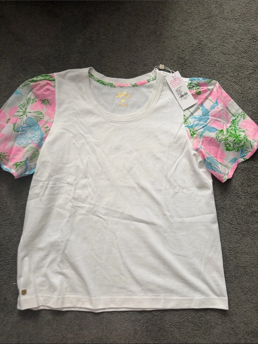 Lilly Pulitzer Brittan White Knit Top with Pink, Green & Blue Floral Puff Sleeve